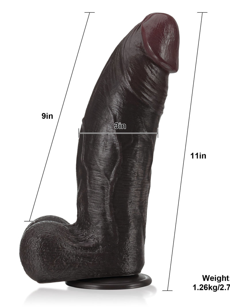 Size chart of the 11 inch black dildo showing length and 3 inch girth