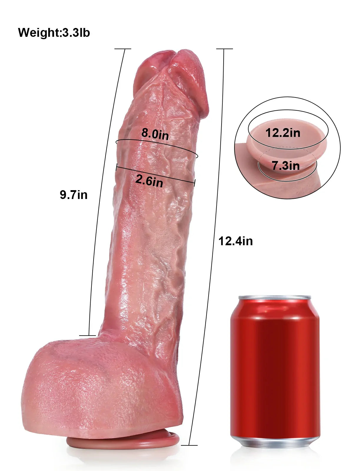 Size chart of the 12 inch big dildo showing length, girth and a can comparison