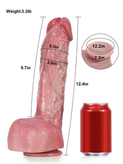Size chart of the 12 inch big dildo showing length, girth and a can comparison
