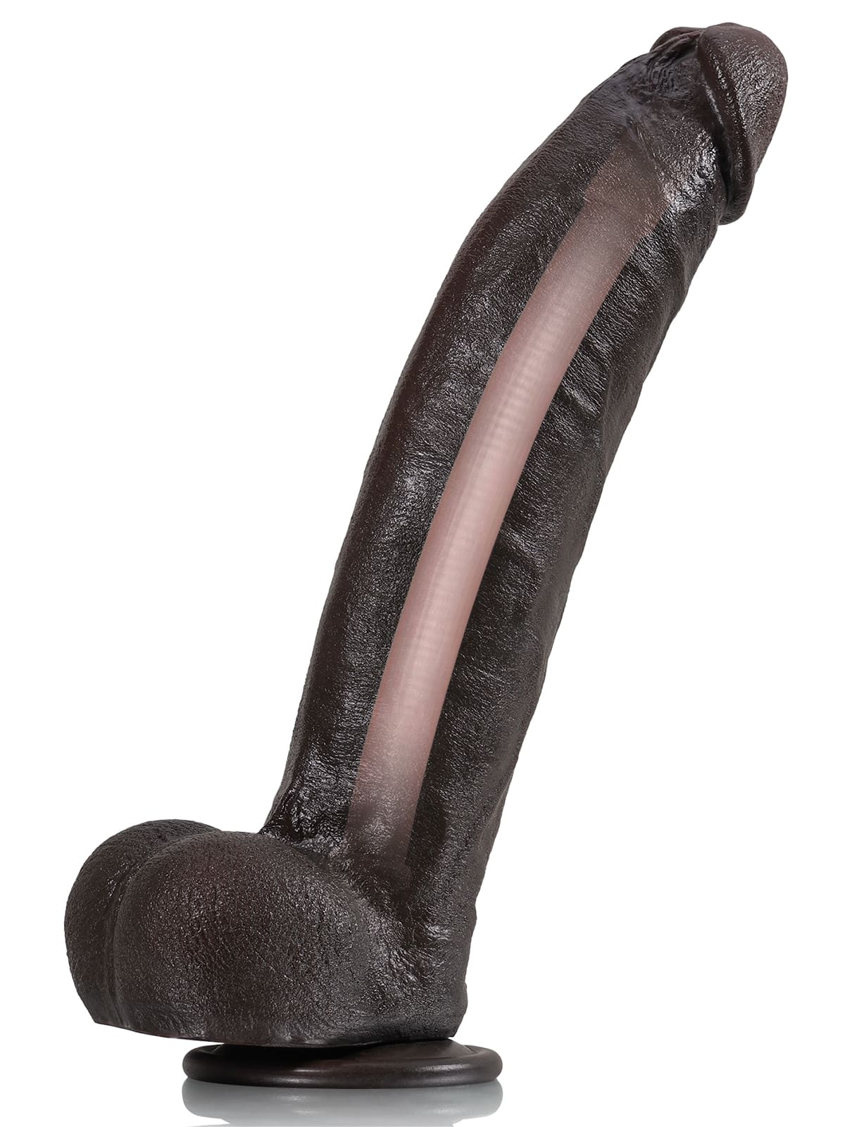 12 inch black realistic dildo standing on its suction cup base