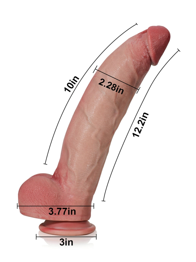 Size chart of 12.2 inch realistic dildo showing length, girth and base