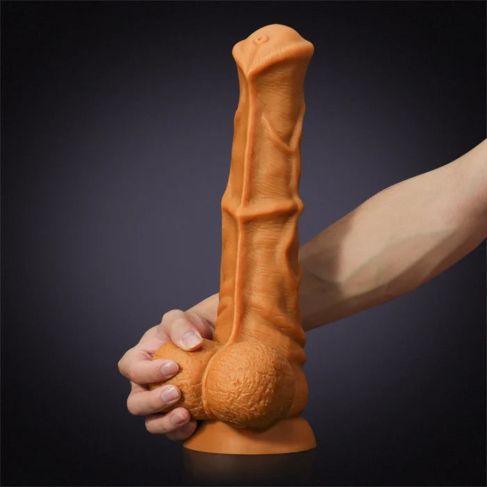 14.57" x 3.15" Gold Liquid Silicone Fantasy Horse Dildo with Flared Head & Big Balls-8