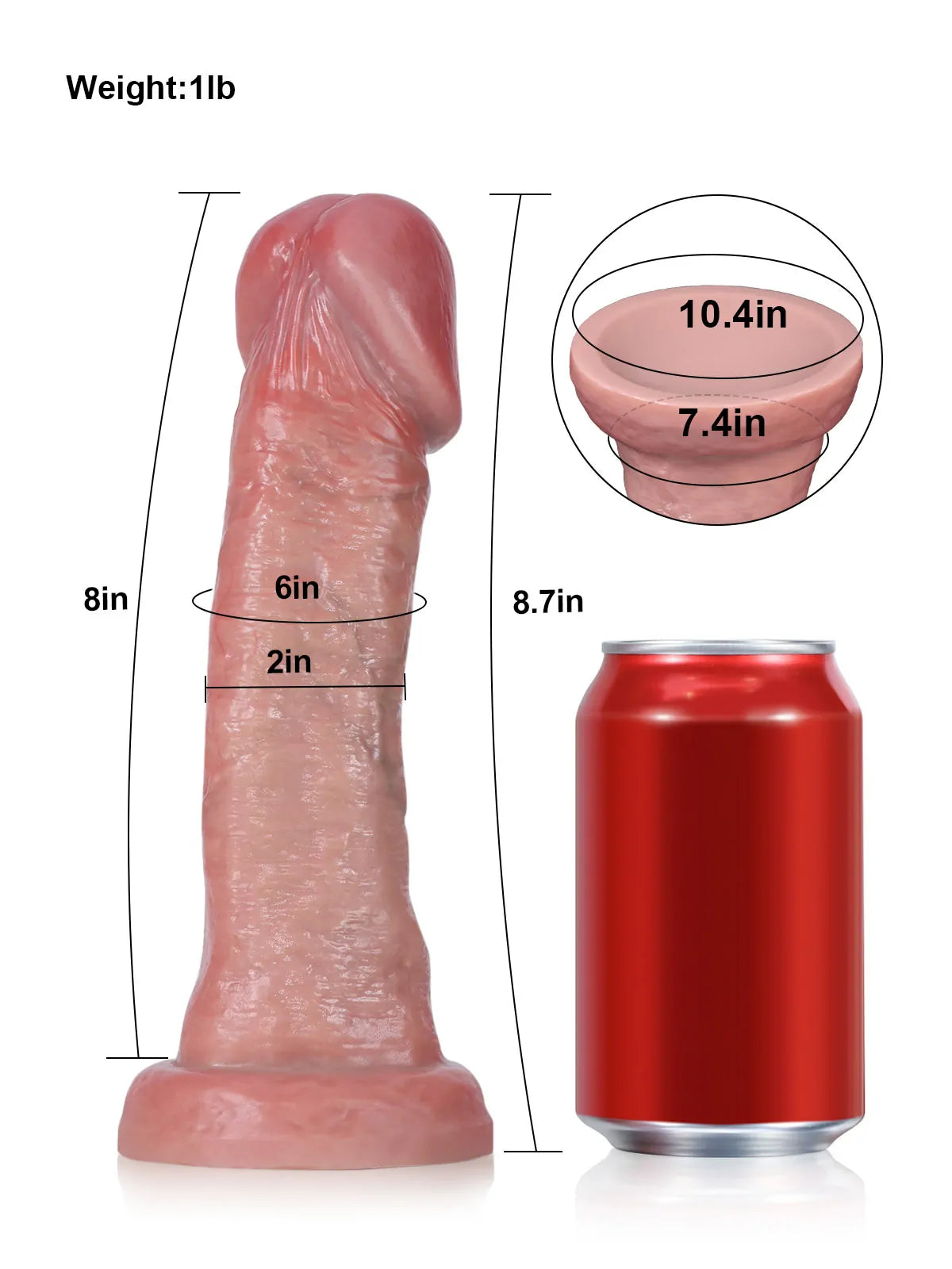 Size chart of 8 inch realistic dildo with girth and a soda-can comparison