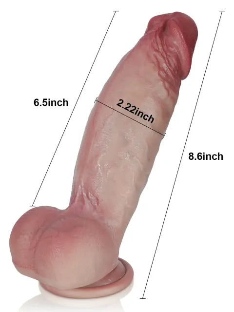 Size chart of 8 inch thick realistic dildo showing length and girth