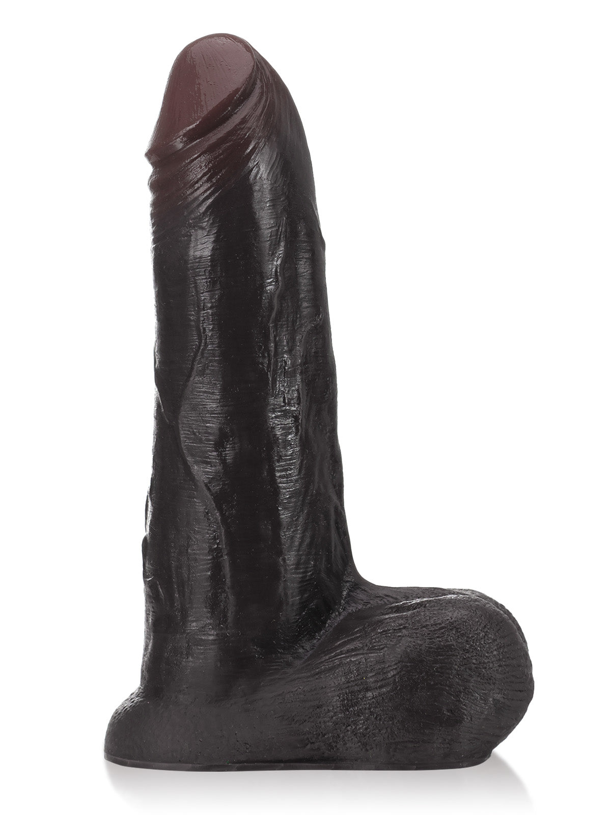 9 inch black sliding skin dildo with a soft tapered head, side view


