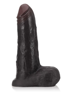 9 inch black sliding skin dildo with a soft tapered head, side view

