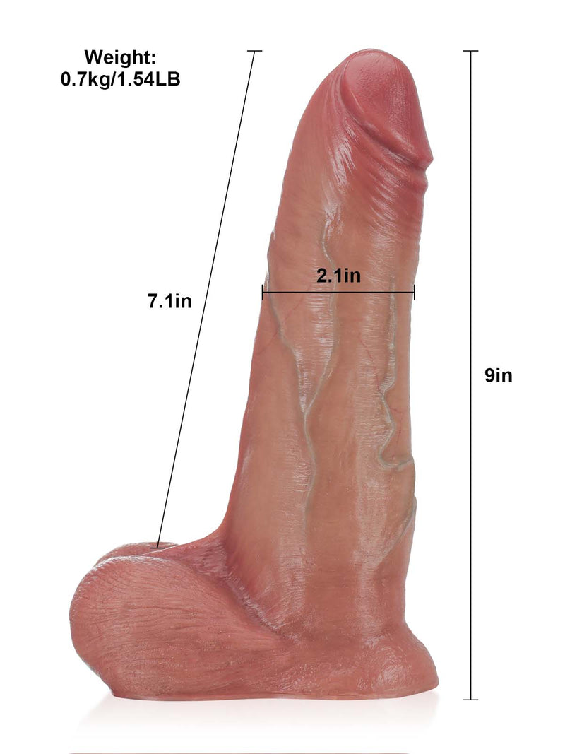 Size chart of the 9 inch sliding skin dildo showing length and girth