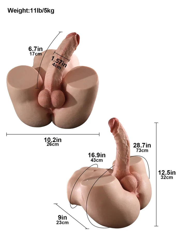 Logan 11LB Platinum Silicone Male Sex Torso with Round Bubble Butt & 6.7" Realistic Dildo-2