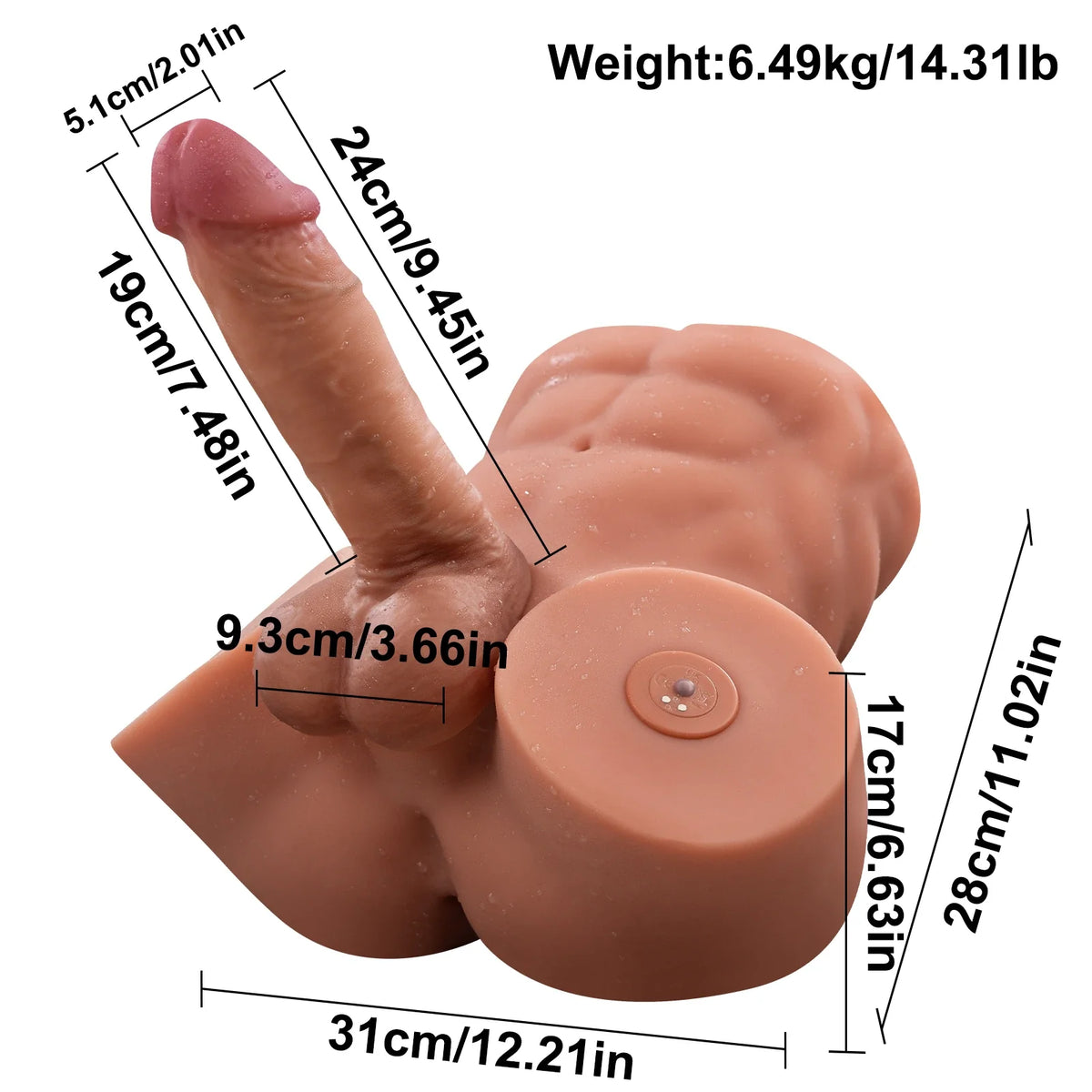 Nico 14.3LB TPE Male Sex Torso with Replaceable 7.48" Thrusting & Vibrating Dildo-2
