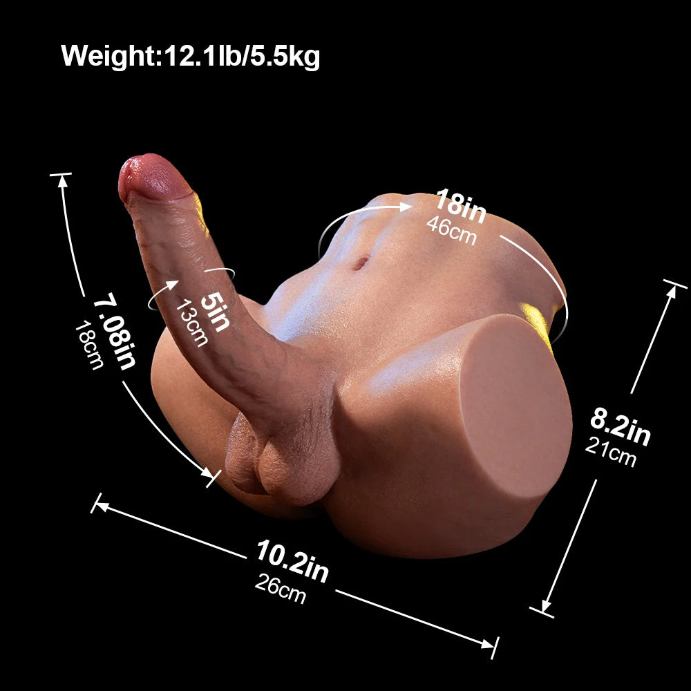 Jace 12LB Platinum Silicone Male Torso with Abs, Movable Balls & 7.08" Dual-Layer Dildo