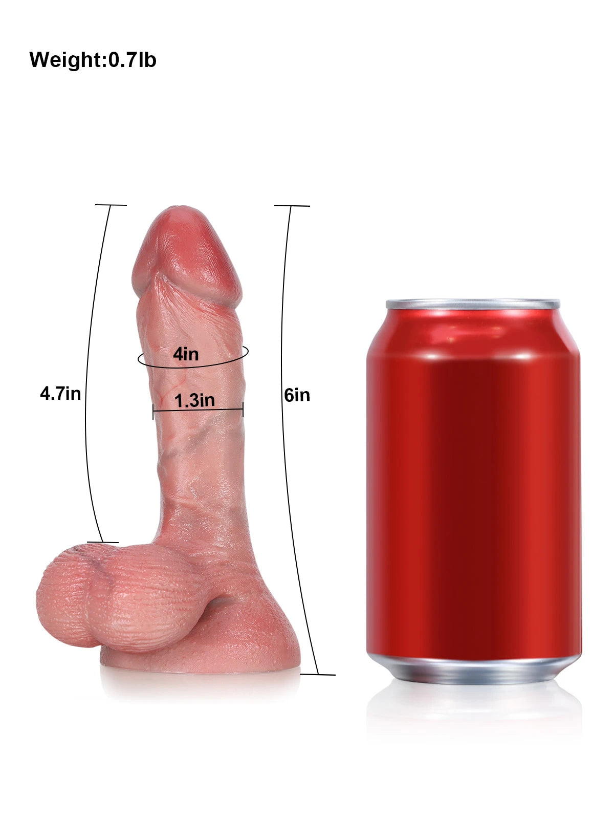 Size chart comparing Bayou 6 inch soft dildo with a standard cola can