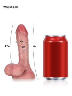 Size chart comparing Bayou 6 inch soft dildo with a standard cola can