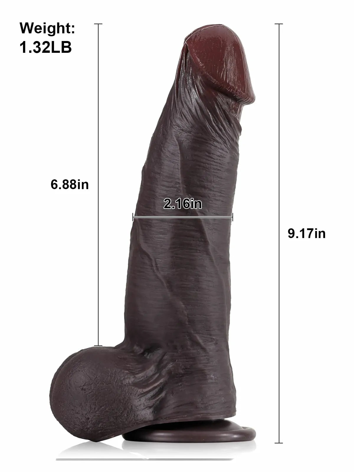 Size chart of the 9 inch big black dildo showing length and girth