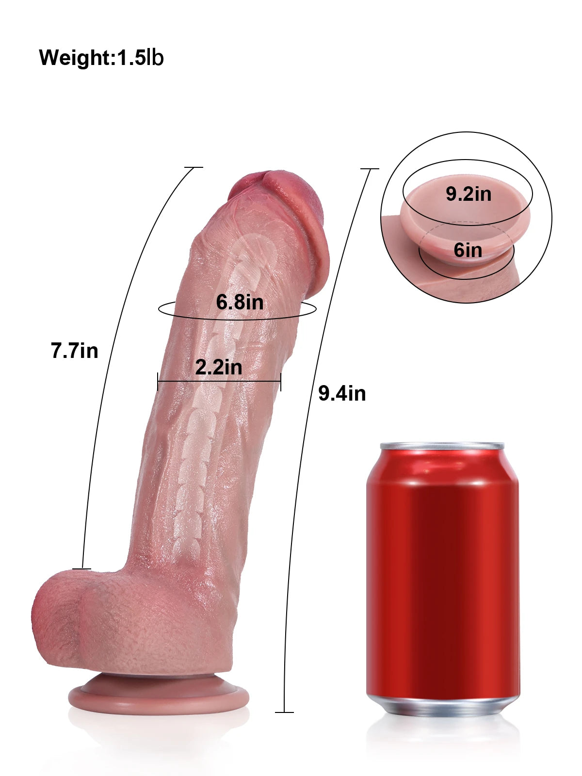 Size chart of the 9 inch big head dildo showing length and girth