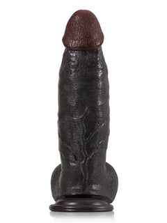 Black dildo with a swollen glans and raised veins, side view