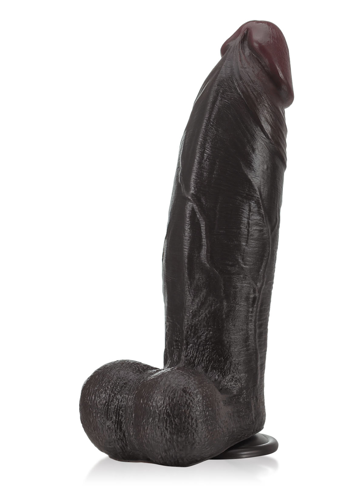 Black girthy dildo with full balls and thick veiny shaft, side view