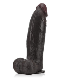 Black girthy dildo with full balls and thick veiny shaft, side view
