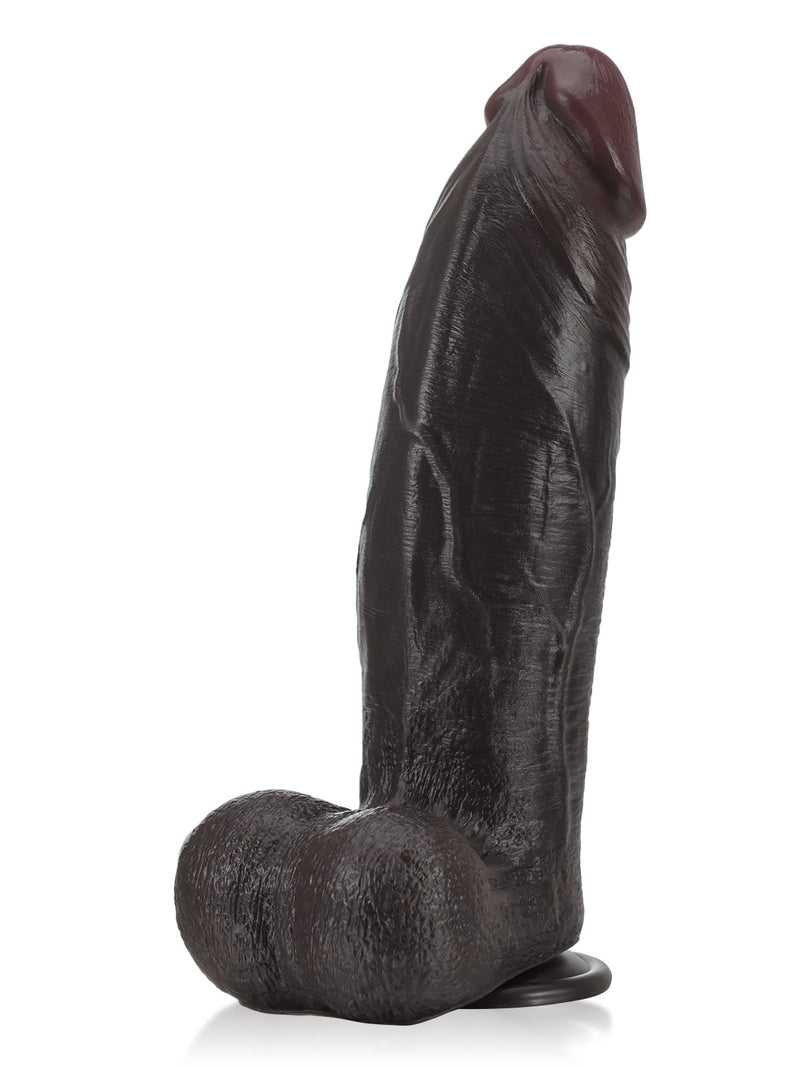 Black girthy dildo with full balls and thick veiny shaft, side view