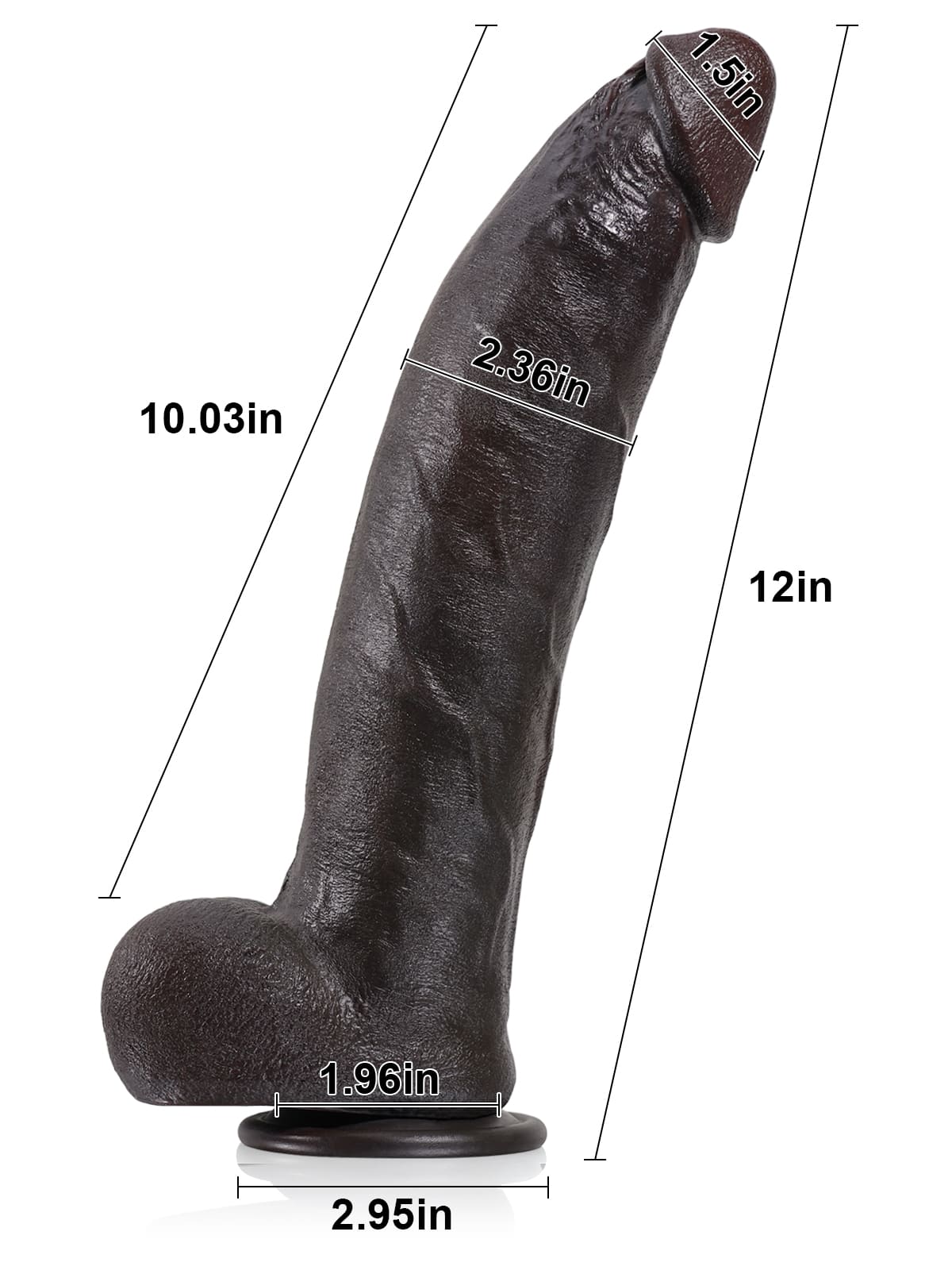Size chart of the 12 inch black realistic dildo with length and girth