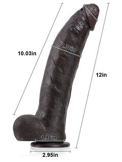 Size chart of the 12 inch black realistic dildo with length and girth