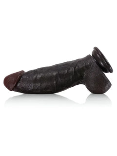 Black realistic dildo with full balls, angled view