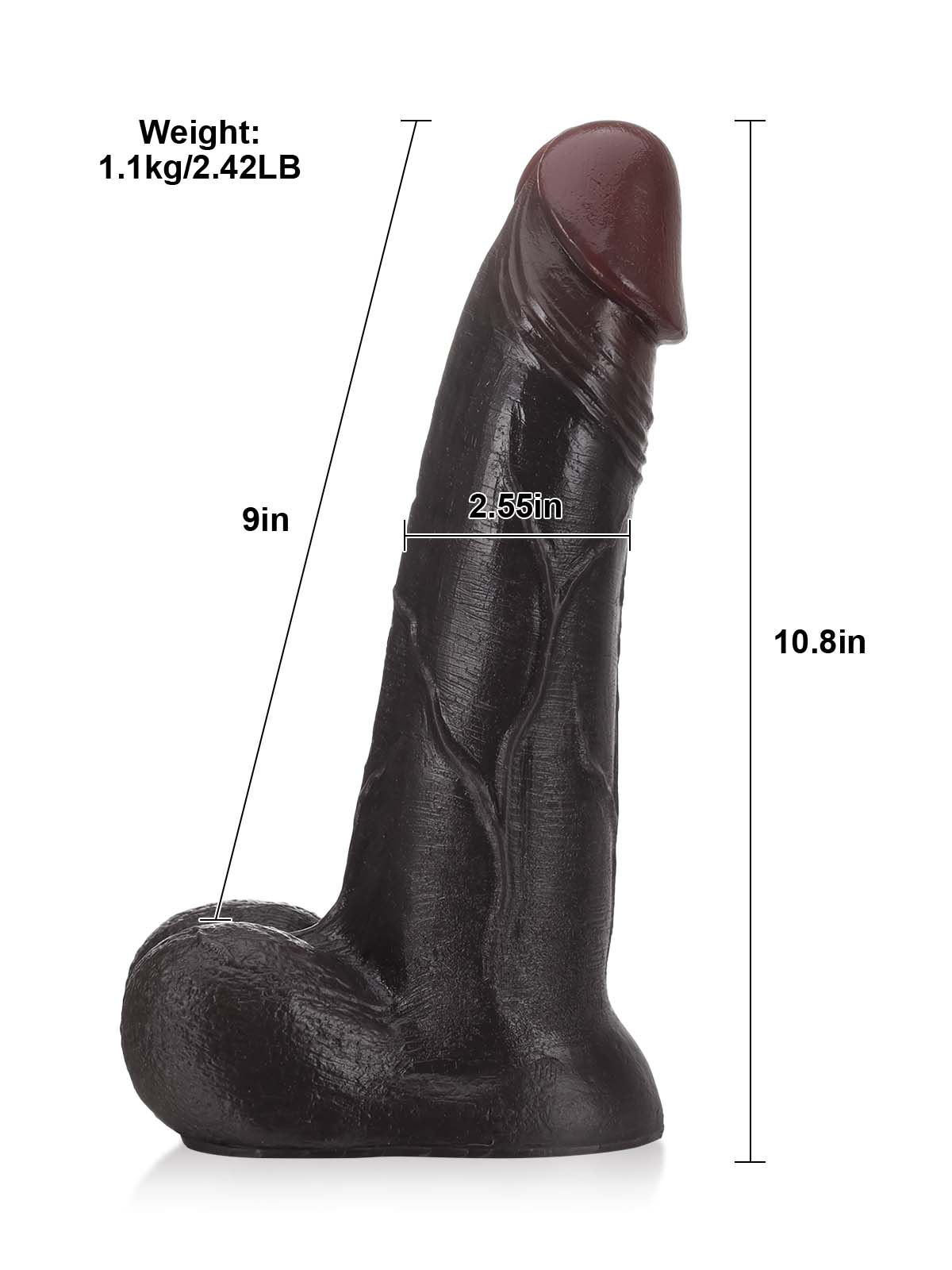 Size chart of the 10 inch black sliding skin dildo with length and girth