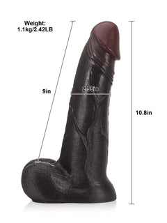 Size chart of the 10 inch black sliding skin dildo with length and girth