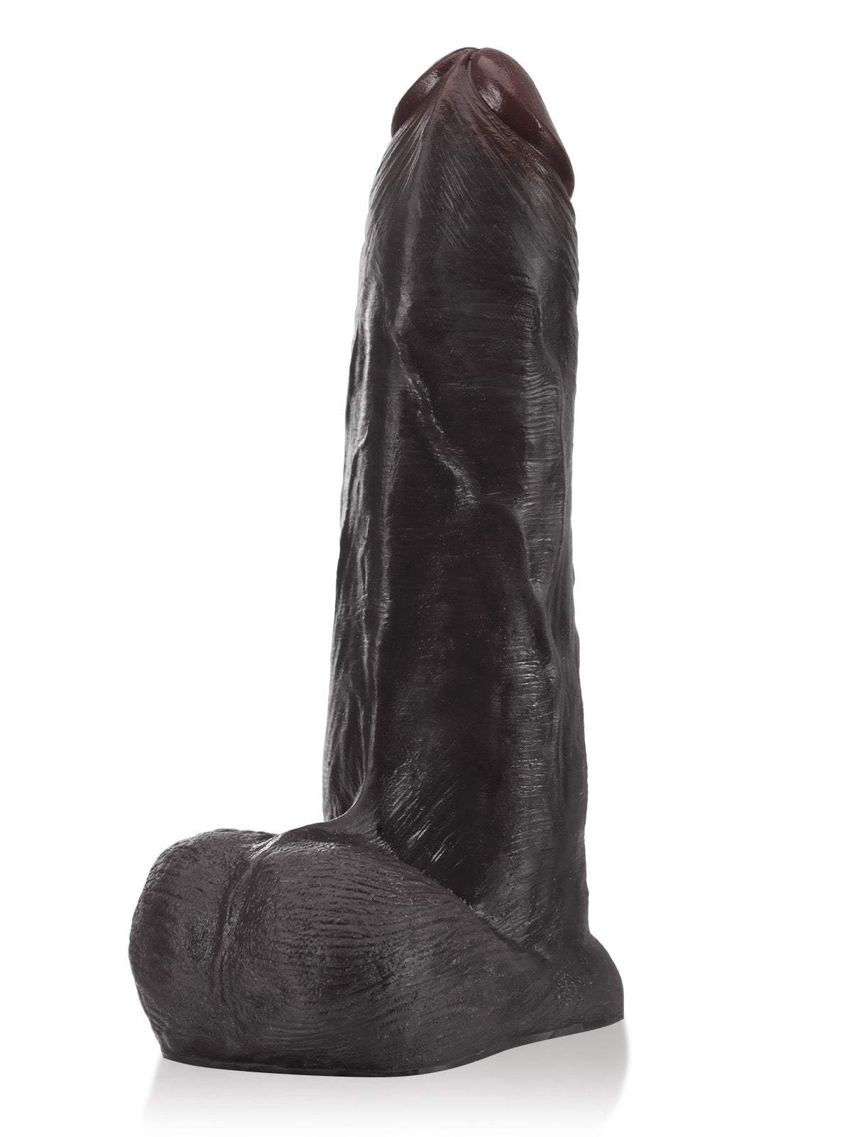 Black sliding skin dildo with natural testicles and veins, side view