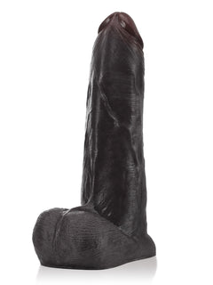 Black sliding skin dildo with natural testicles and veins, side view