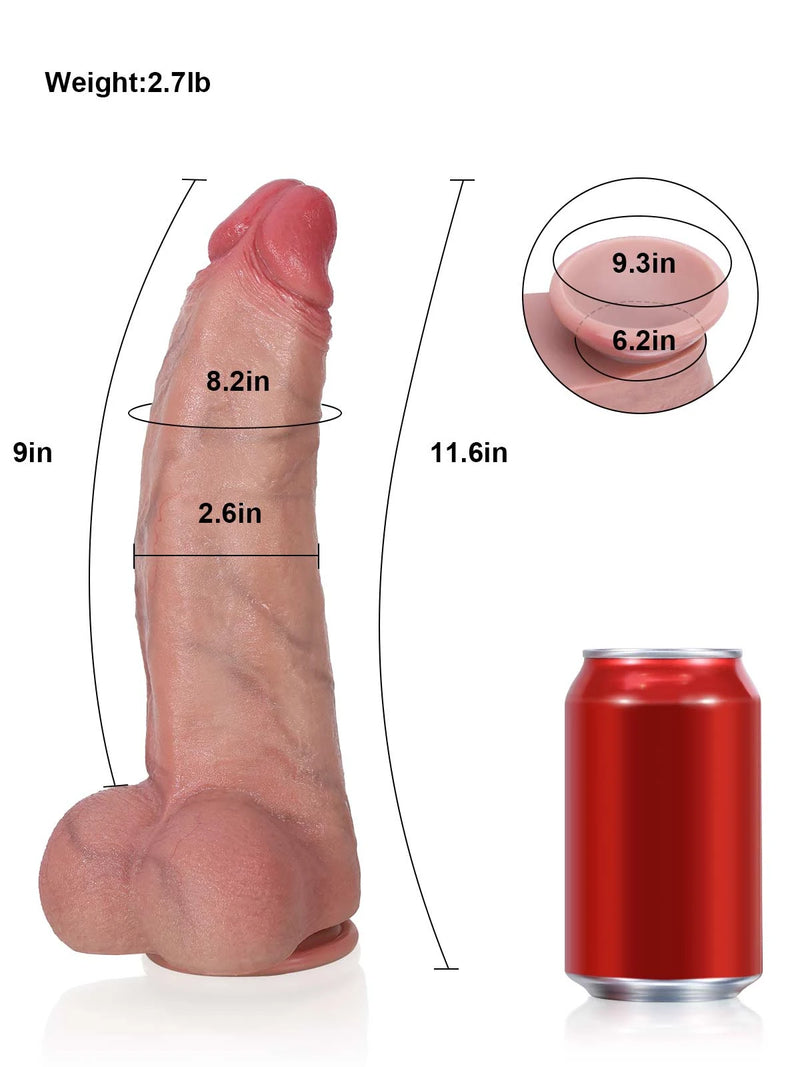 Size chart comparing Bluegrass 11.6 inch curved dildo with a standard cola can