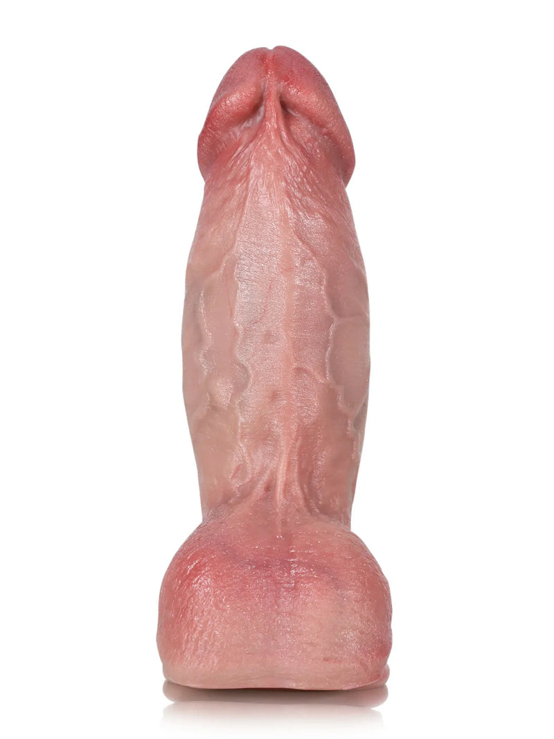 Chubby flesh dildo with a thick veiny shaft and full midsection, front view