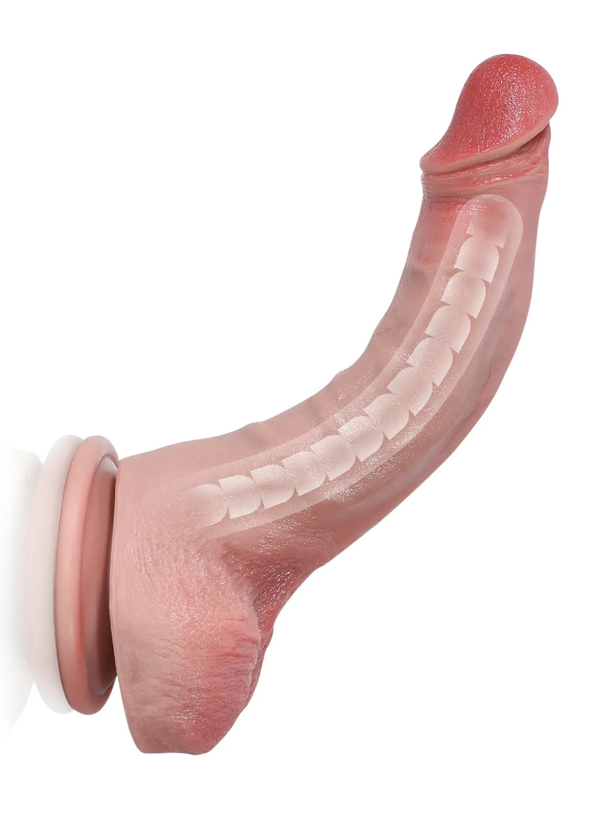 Jackson 8.3 inch g-spot dildo mounted on wall bending to show inner core