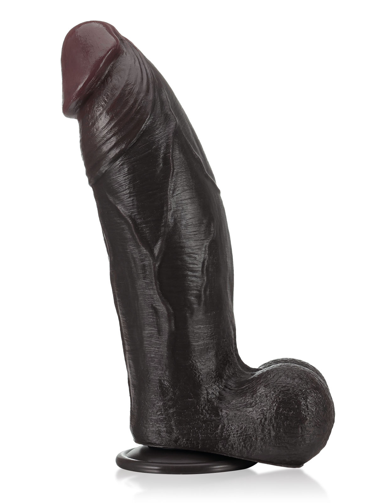 Girthy black dual-density dildo with firm core and soft outer, side view