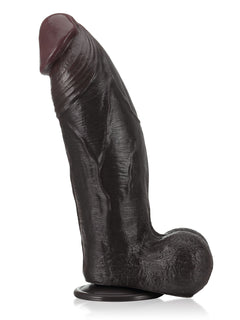 Girthy black dual-density dildo with firm core and soft outer, side view