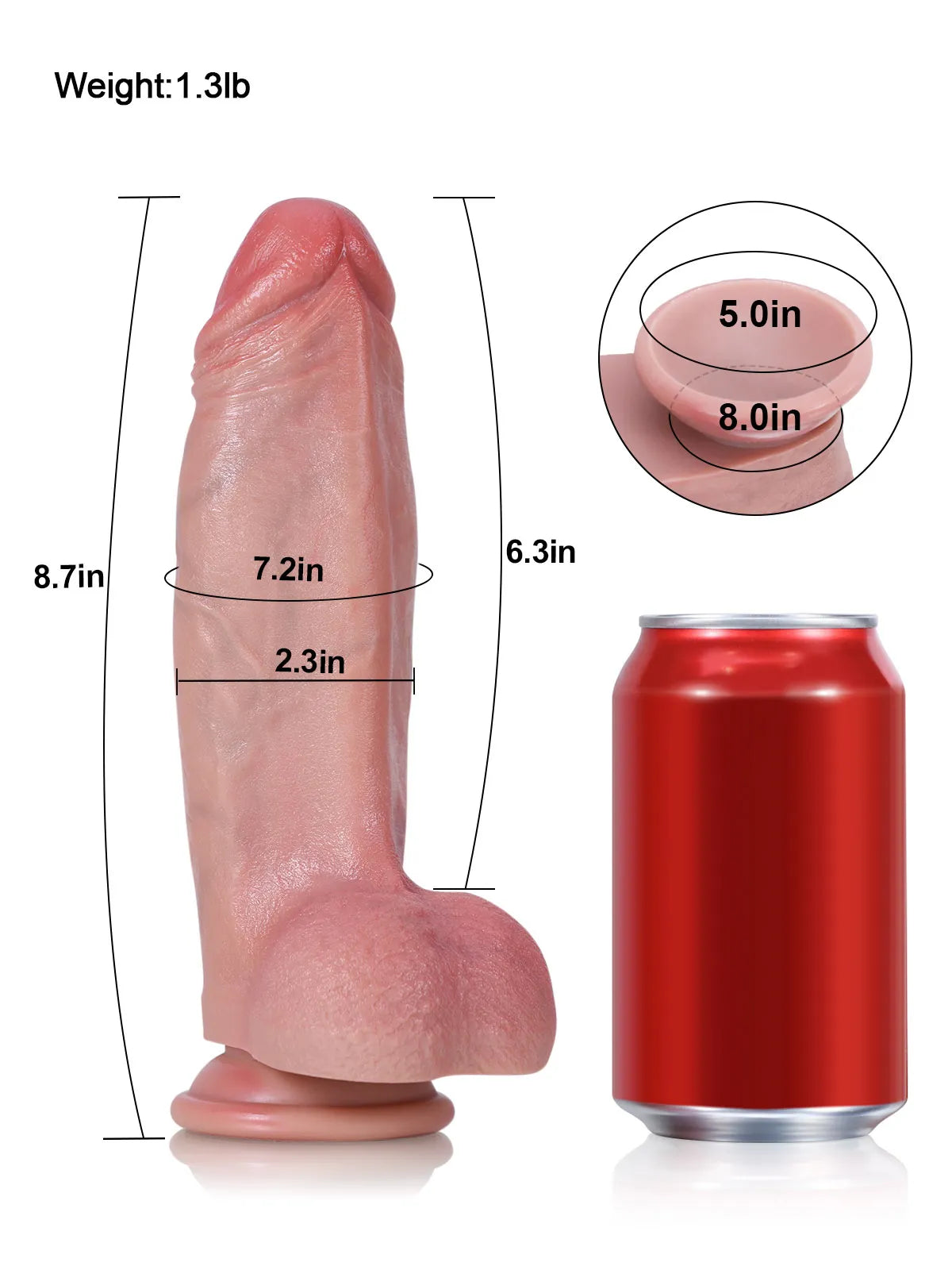 Size chart of the girthy suction cup dildo showing length and girth