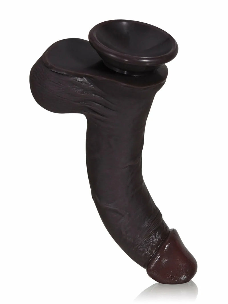 Bottom view of black cyberskin dildo with suction cup base