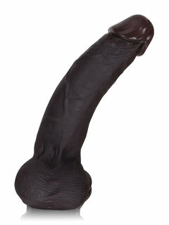 Curved black cyberskin dildo showing natural shape and flexibility