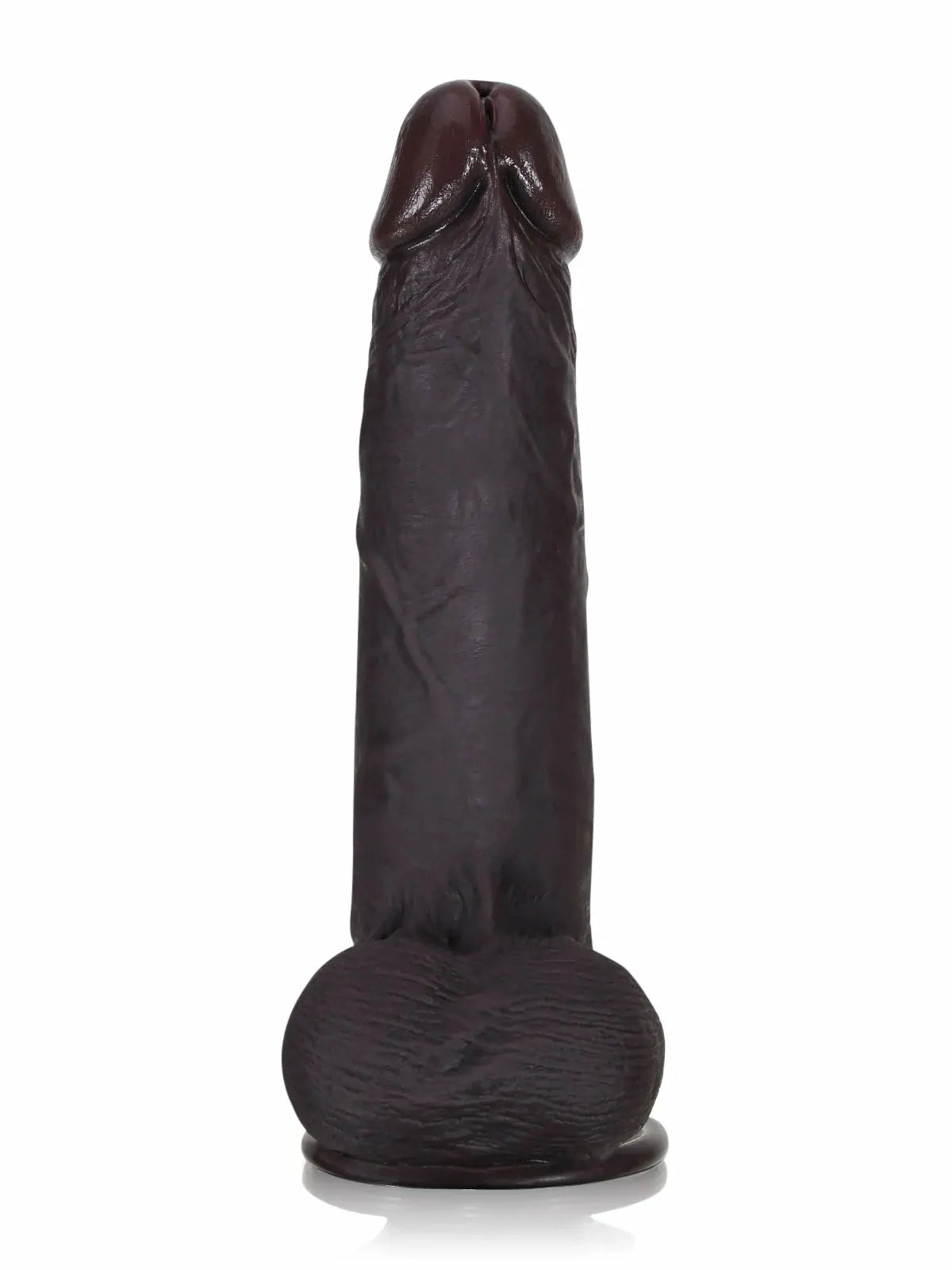 Front view of black cyberskin dildo with movable balls