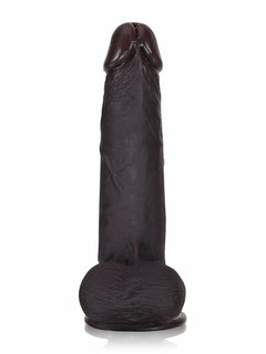 Front view of black cyberskin dildo with movable balls