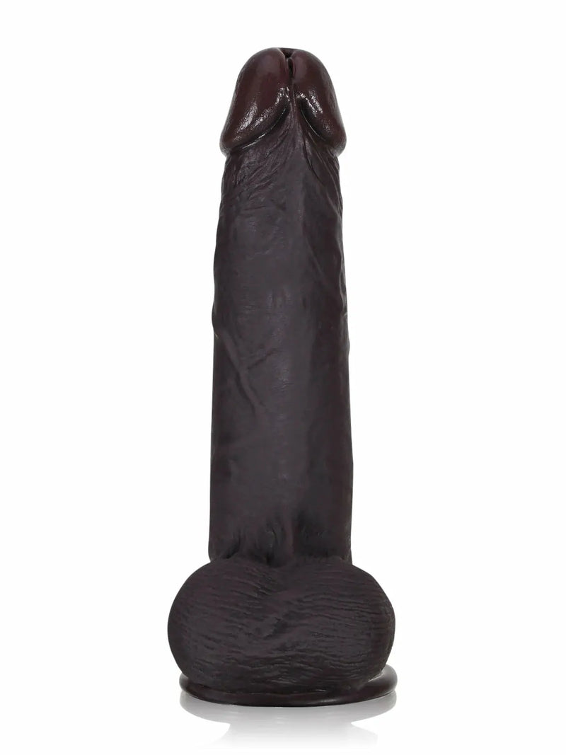 Front view of black cyberskin dildo with movable balls