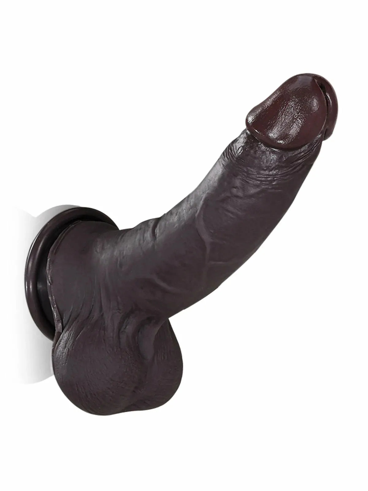 Black realistic skin dildo displayed from an angled view