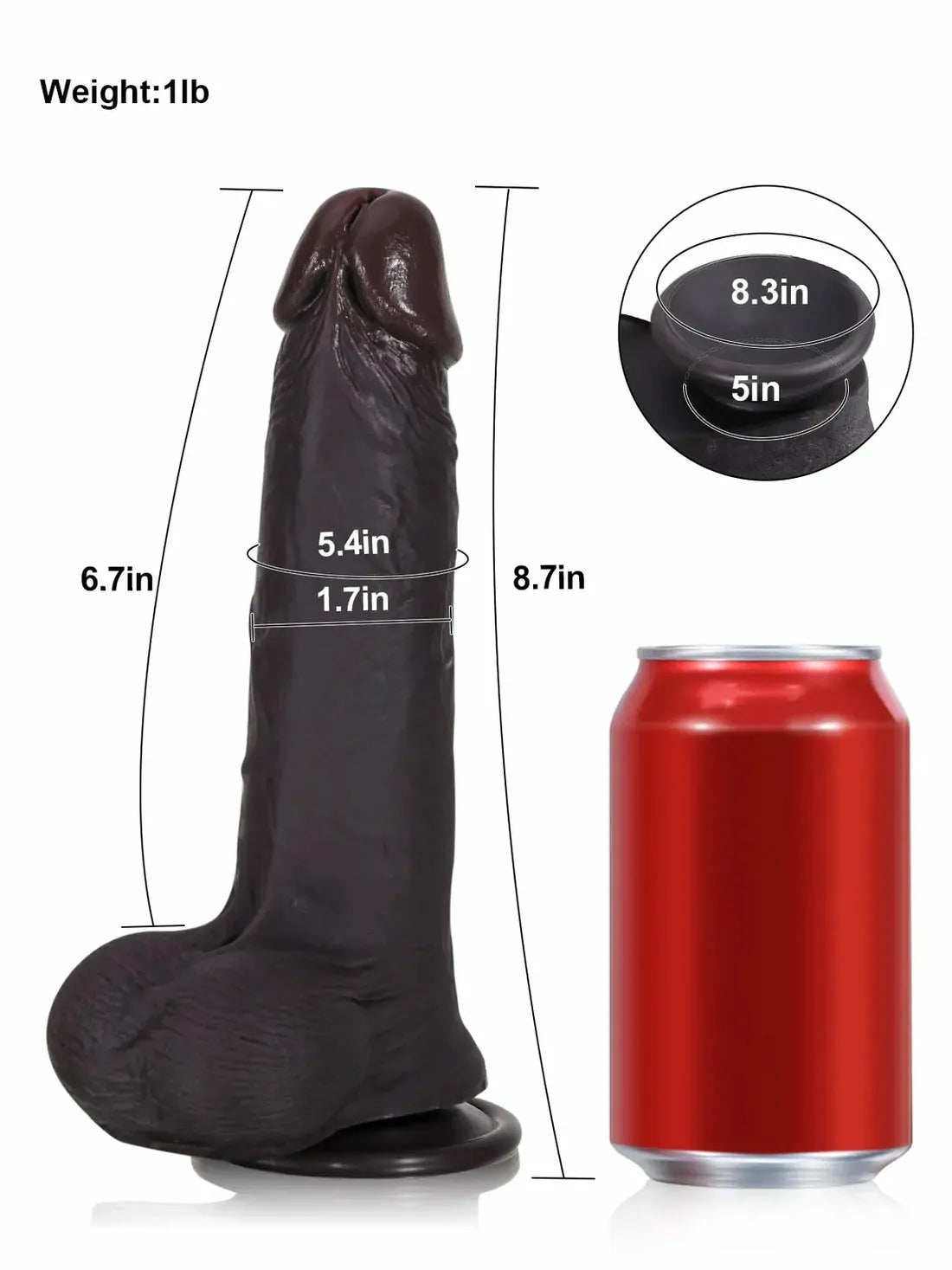 Black cyberskin dildo dimensions shown beside a soda can