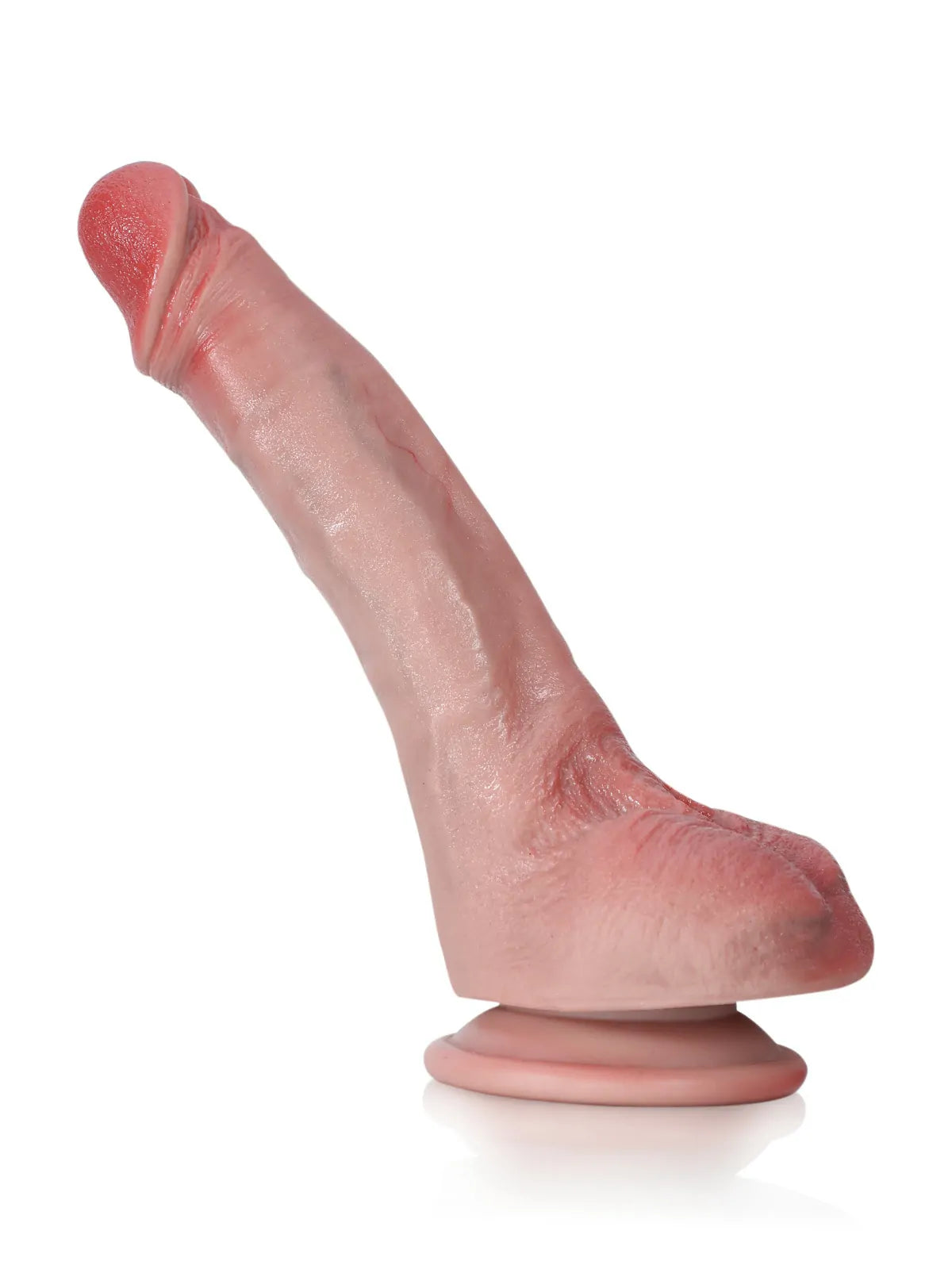 Side profile of Jackson curved g-spot dildo showing set angle and textured balls