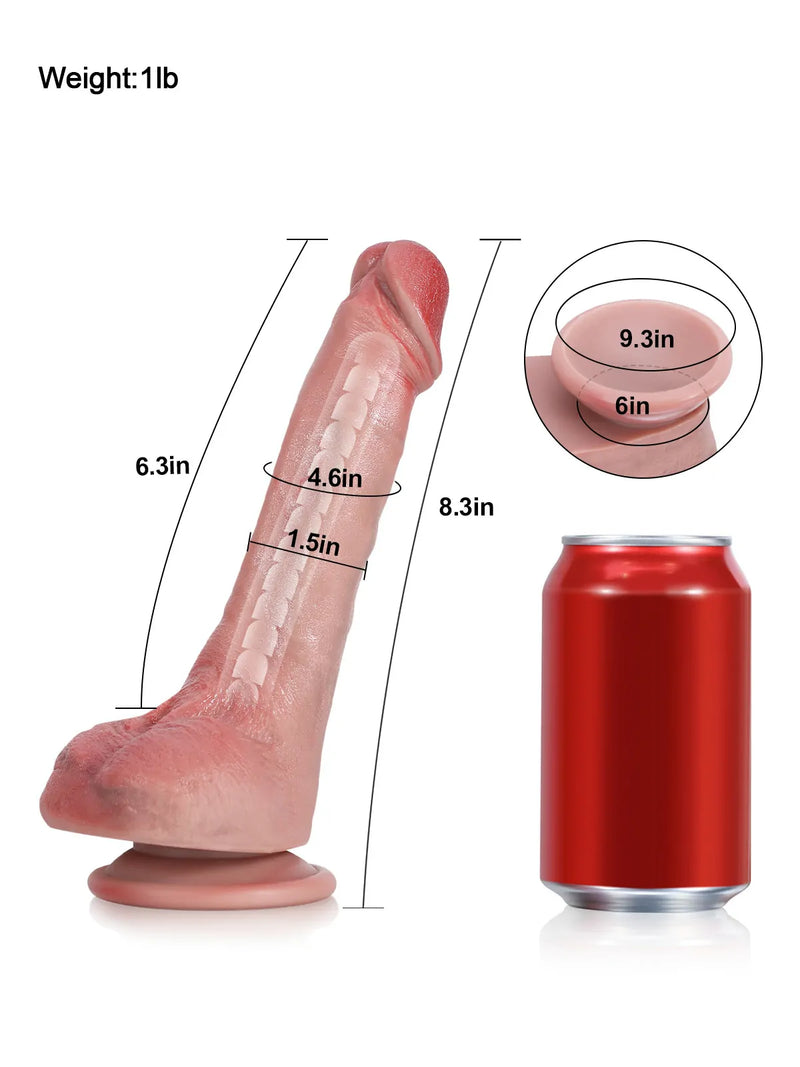 Size chart comparing Jackson 8.3 inch g-spot dildo with a standard cola can