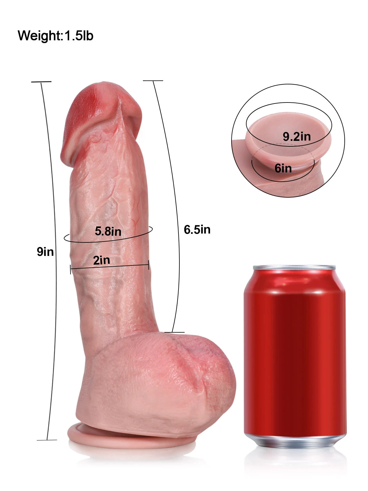 Size chart of the 9 inch large dildo showing length and girth