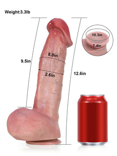 Size chart of the large flesh dildo showing girth and base width