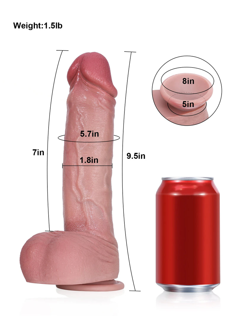 Size chart comparing Orlando 9.5 inch straight dildo with a standard cola can