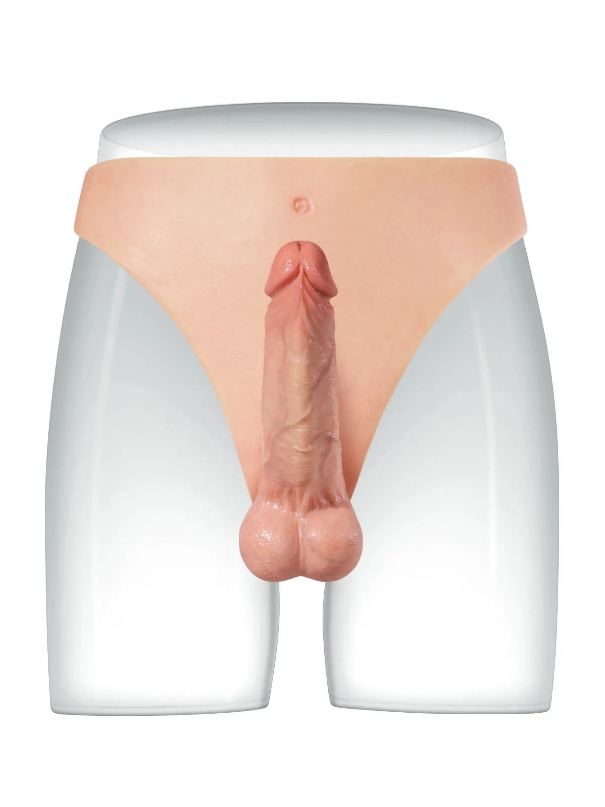 Solid wearable strap-on dildo worn front view on a mannequin