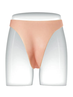Wearable strap-on dildo with thong harness, side view on a body