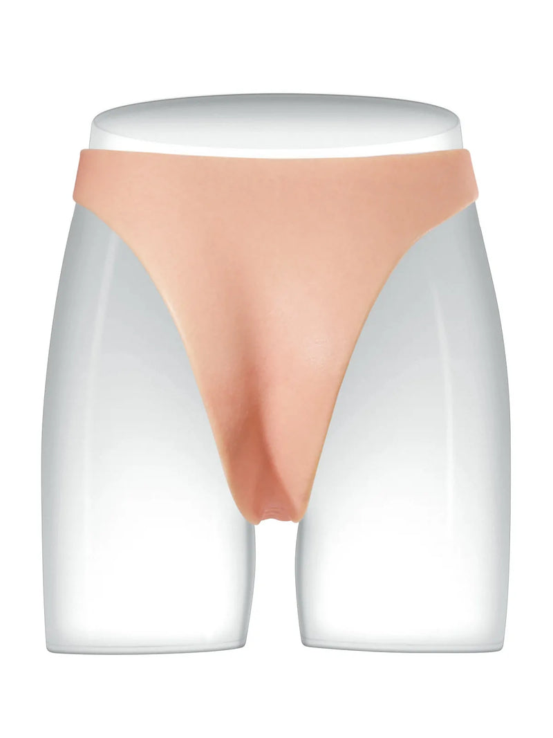 Wearable strap-on dildo with thong harness, side view on a body